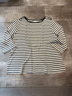 Chico's White and Dark Green Striped Scoop Neck Long Sleeve Top